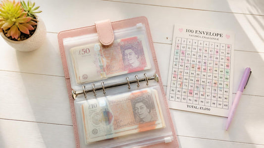 Carpeta binder de presupuesto con sobres numerados para el reto de ahorro de los 100 sobres sobre escritorio minimalista