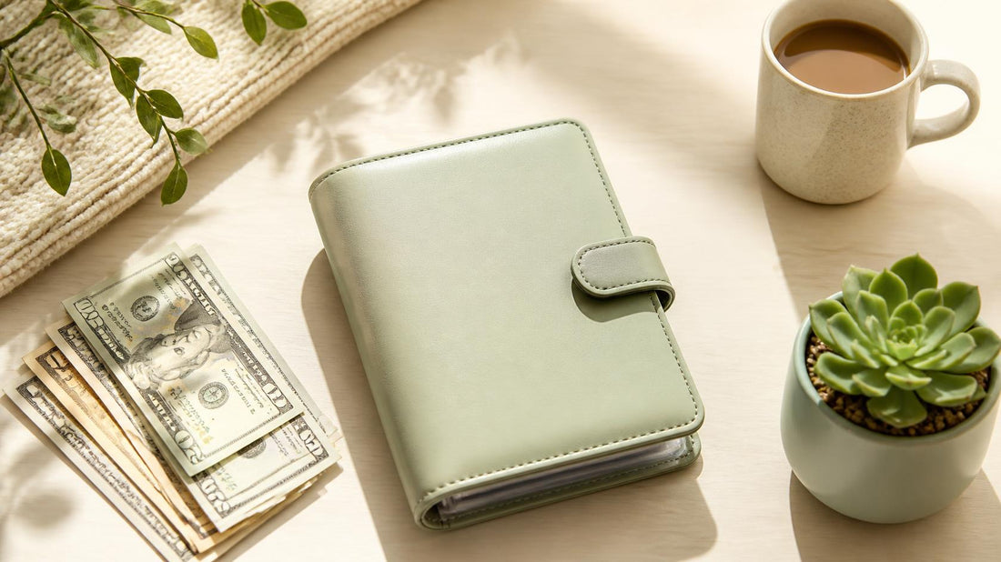 Estructura de ahorro de dinero en efectivo en casa con carpeta verde sabia, billetes y accesorios en escritorio luminoso.