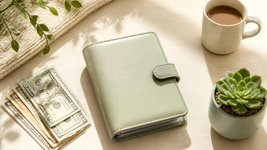 Estructura de ahorro de dinero en efectivo en casa con carpeta verde sabia, billetes y accesorios en escritorio luminoso.