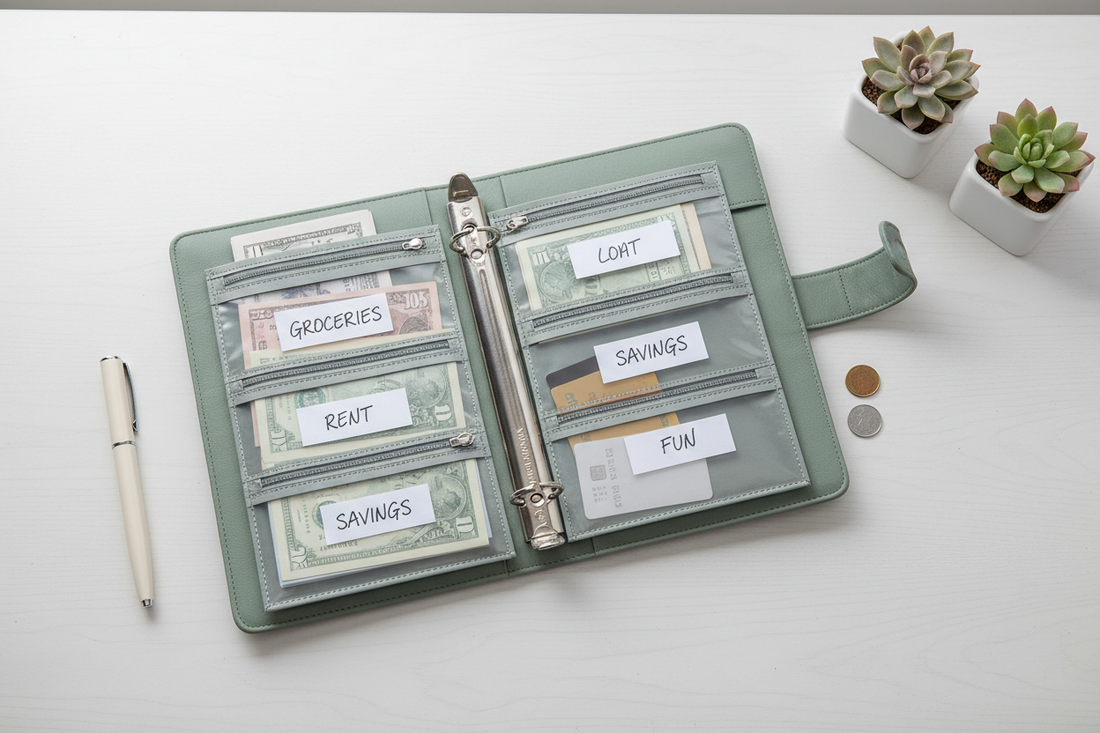 Carpeta de presupuesto A6 verde sage abierta en flat lay con sobres etiquetados, pluma y suculentas — Mindful Wallet