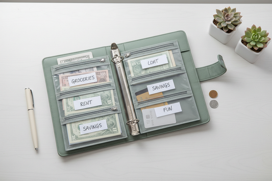 Carpeta de presupuesto A6 verde sage abierta en flat lay con sobres etiquetados, pluma y suculentas — Mindful Wallet